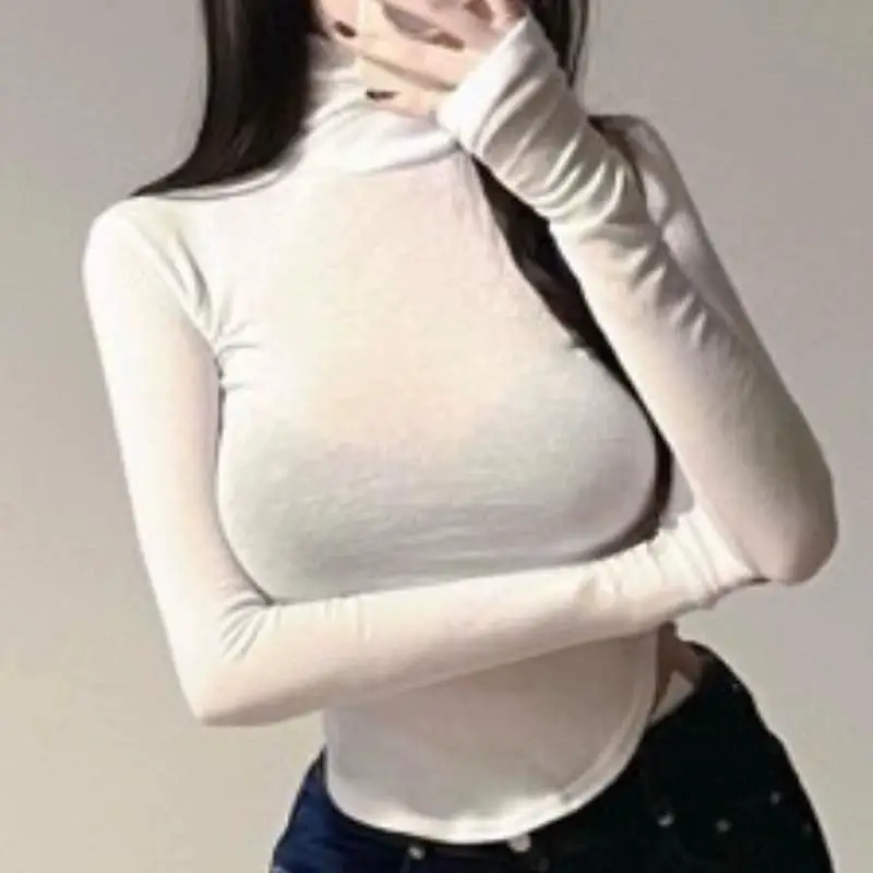 

Slim Fit Long Sve T-irt High Collar Thin Breathable Base Layer Korean Sle Cotton Polyester Spring Summer Women Top