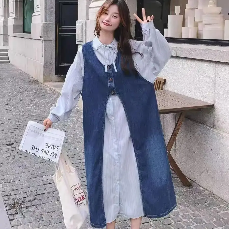 Two-Piece Set Lazy Style Layered Denim Vest Long Shirt Skirt Women 2025 Early Spring New Niche Design Versatile Skirt Suit