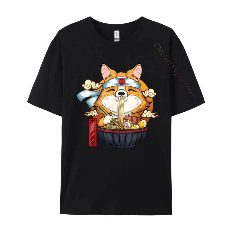 Ramen Kawaii Corgi Puppy Japanese Noodles Personalized Cotton Fabric Tops Tees for Mens Unique Tshirts Design Plain T Shirt