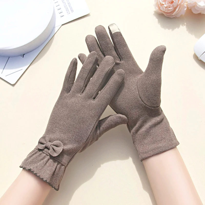 

Winter Bow-knot Women's Gloves Touch Screen Elegant Full Finger Mittens Outdoor Cashmere Warm Cycling Driving Gloves Windproof