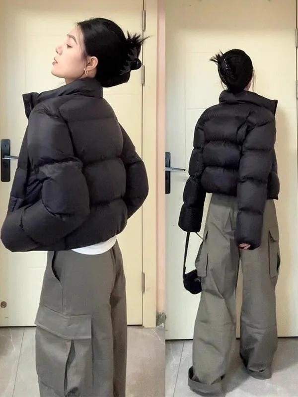 

Женская короткая пуховая куртка свободного кроя с наполнителем из белого утиного пуха, в американском стиле, коричневого цвета, зимняя верхняя одежда, модная женская модель