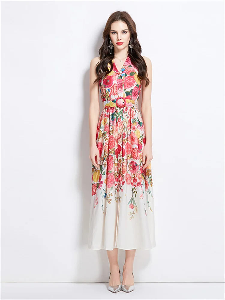 Moda Elegancka sukienka Maxi w kwiaty Letnie kobiety Wakacje Bez rękawów Czerwony kwiatowy nadruk Sukienki z paskiem Tank Sukienki Midi Długie Party Vestidos