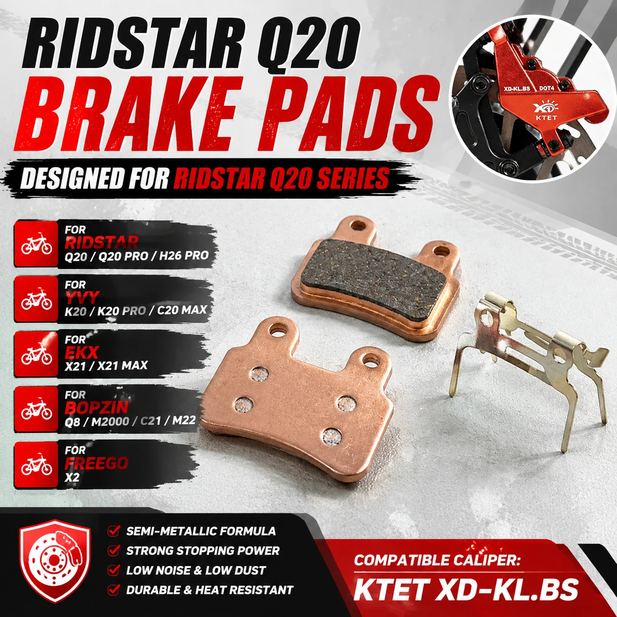 

Ridstar Q20 Brake Pads Semi-Metallic High Durability for EKX X21 X21 Max Freego X2 KTET XD-KL.BS Motorbike Replacement