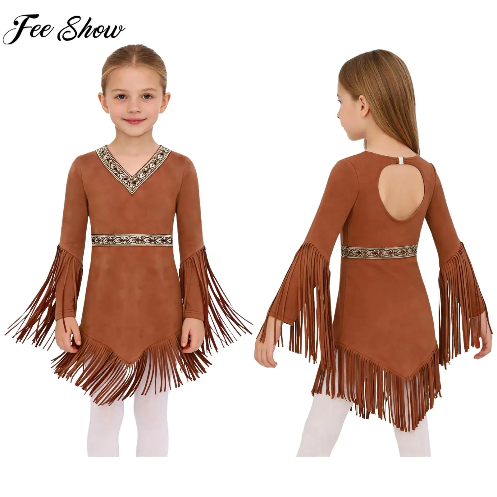 Kids Girls Halloween Carnival Native American Princess Dress-up Costume Long Sleeve Zipper Tassel Indian Maiden Cosplay Dress