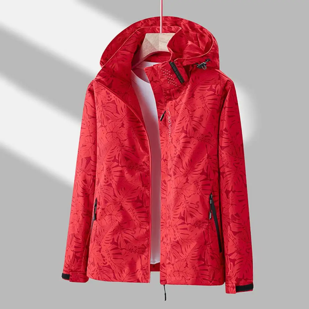 Women Jackets Outdoor Windbreaker Leaf Print Single-layer Waterproof Long Sleeve Hooded Zipper Pockets Coats куртка женская