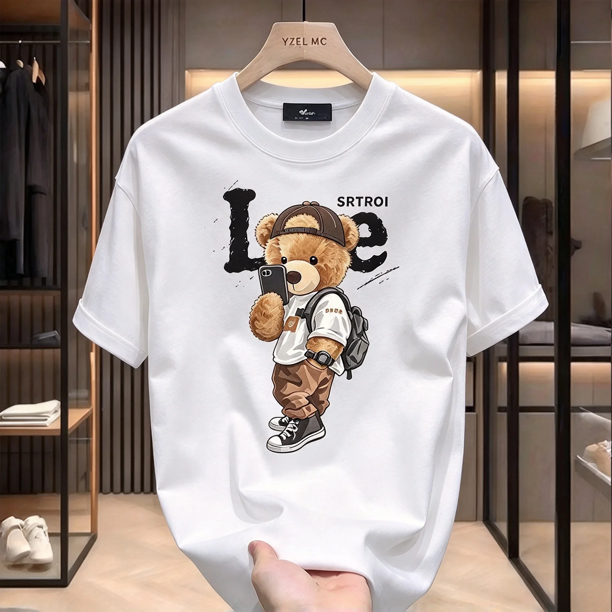 2026 Backpack Selfie Teddy Bear Graphic T-Shirt Men Women, Street Cartoon Doll Character Art Print Short Sleeve Loose Summer Tee