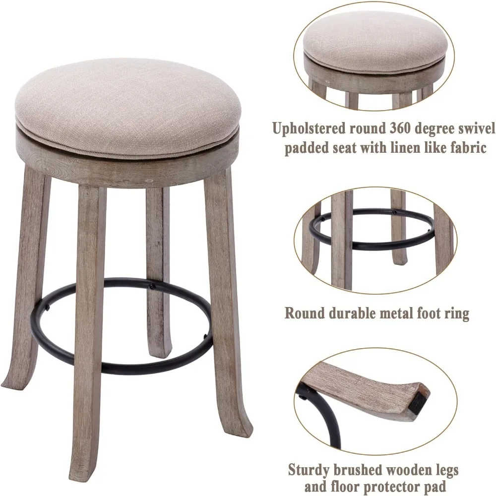 French Vintage Swivel Bar Stools Set of 4, 26” Counter Height Stools, Fabric Armless Barstool with Rubberwood Legs