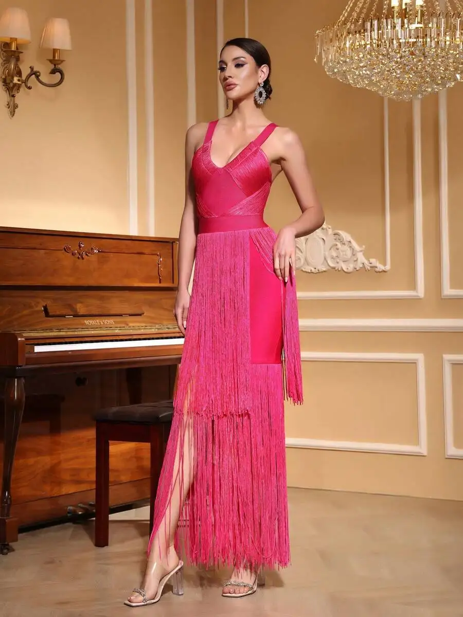 

Fuchsia Pink Fringe Maxi Dress with Deep V-Neck and Spaghetti Straps