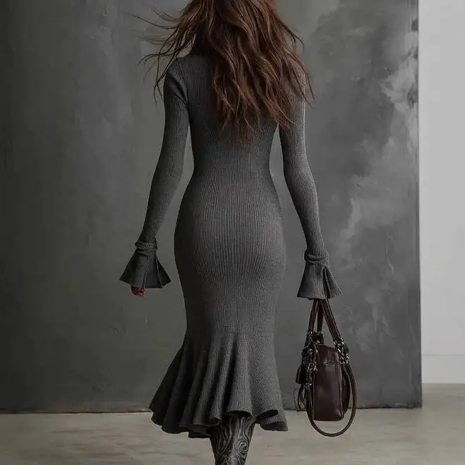 

Осень-зима 2025, новое модное сексуальное платье русалки на молнии с отложным воротником и рукавами-колокольчиками для женщин, платье, женское платье, Vestido