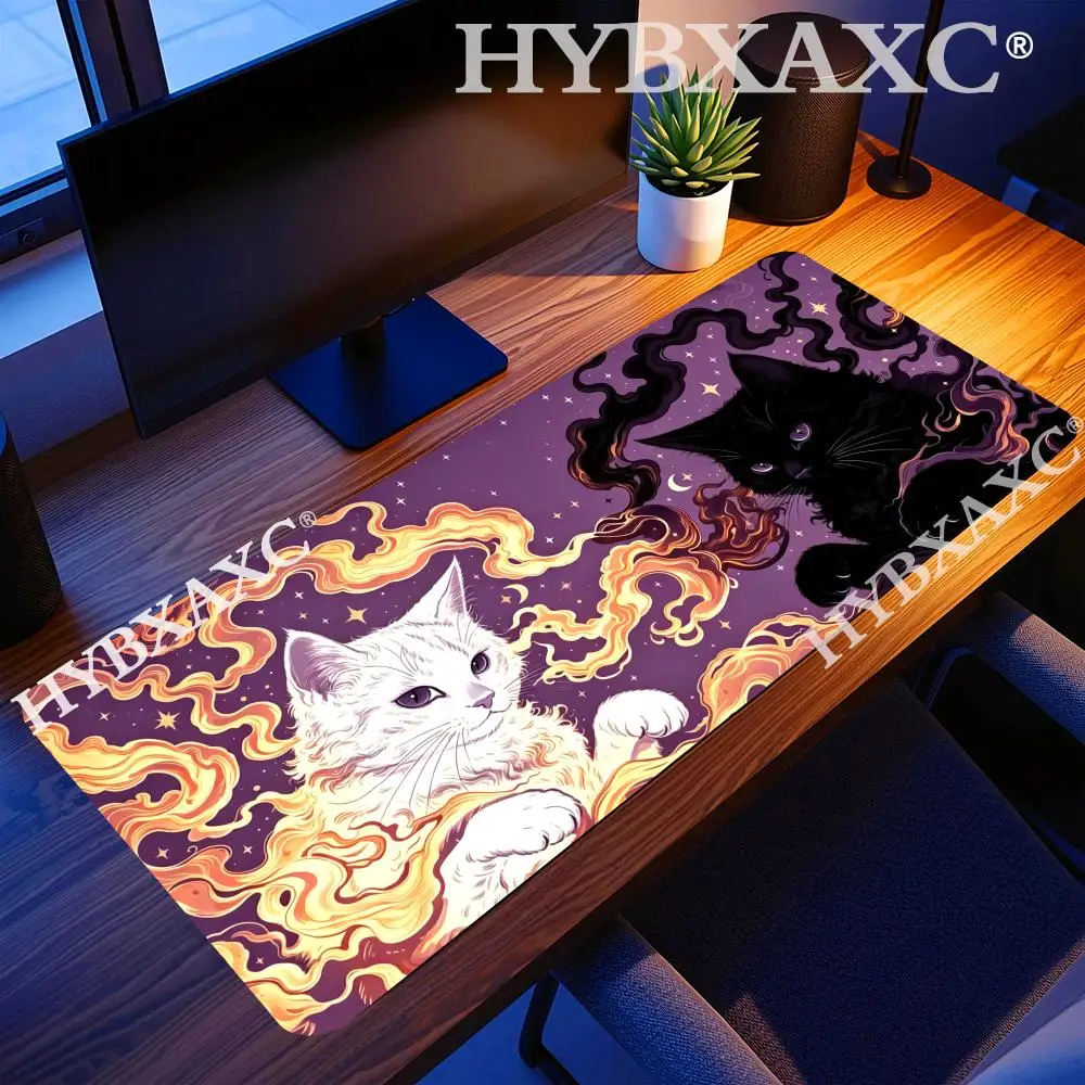 

HYBXAXC Yin Yang Cosmic Cats Mouse Pad Black and White Cat Illustration Mouse Mat Magic Gothic Witchy Tarot Purple Night Sky