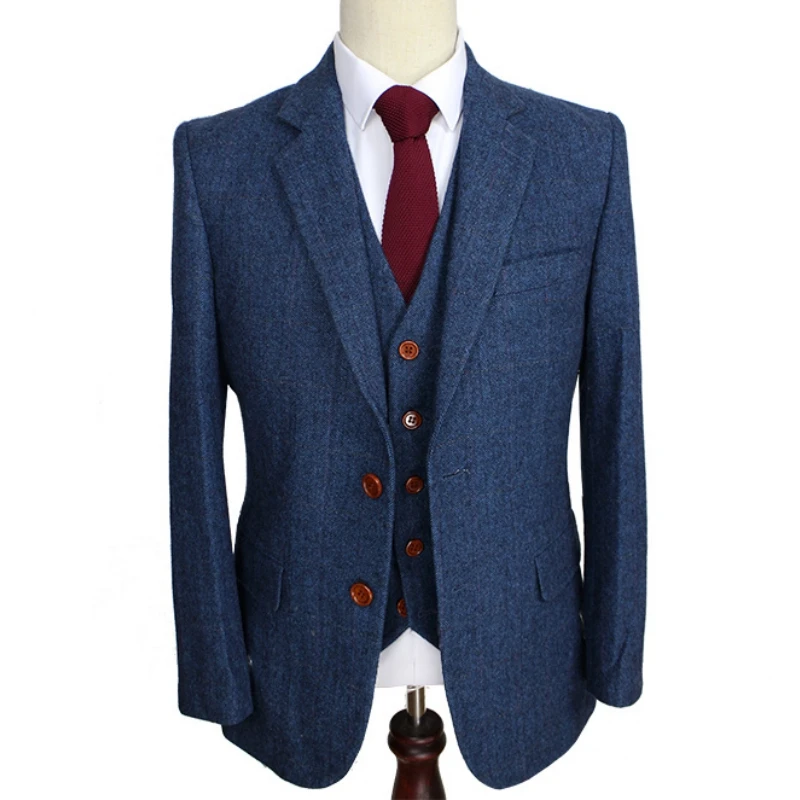 Lansboter Blue Men Suit 3 Piece Herringbone Retro Gentleman Classic Style Custom Made Tailor Blazer Suits For Jacket Pants Vest