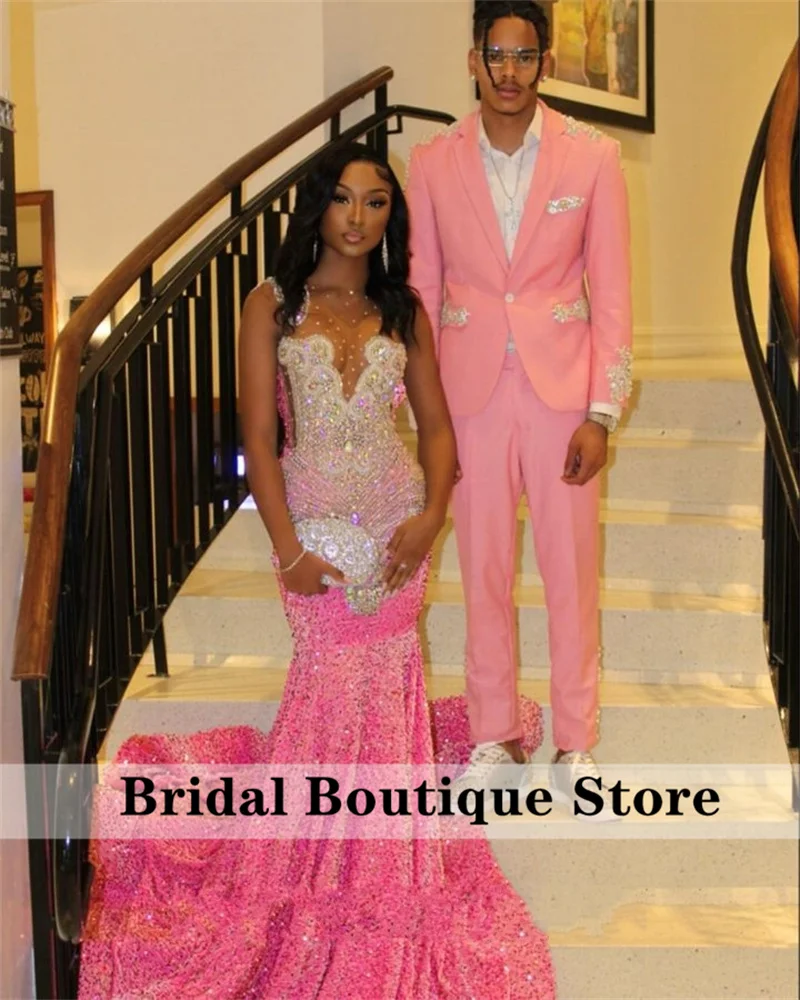 Sparklyสีชมพูชุดราตรียาว 2024 สําหรับสาวสีดําลูกปัดRhinestonesเลื่อมชุดราตรีชุดวันเกิดParty Robeที่กําหนดเอง