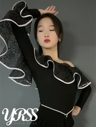 여성용 볼룸 댄스 상의, 긴 소매 연습복, 성인 룸바 라틴 댄스 공연 착용, 블랙 레이스 바디 수트 BL13487