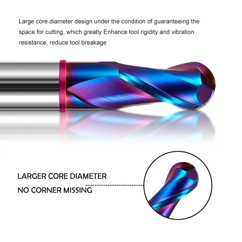 YIFINO TGP-HRC70 2F Color Circle Tungsten Steel Carbide Blue Nano Coating Ball End Milling Cutter CNC Mechanical Endmill Tools