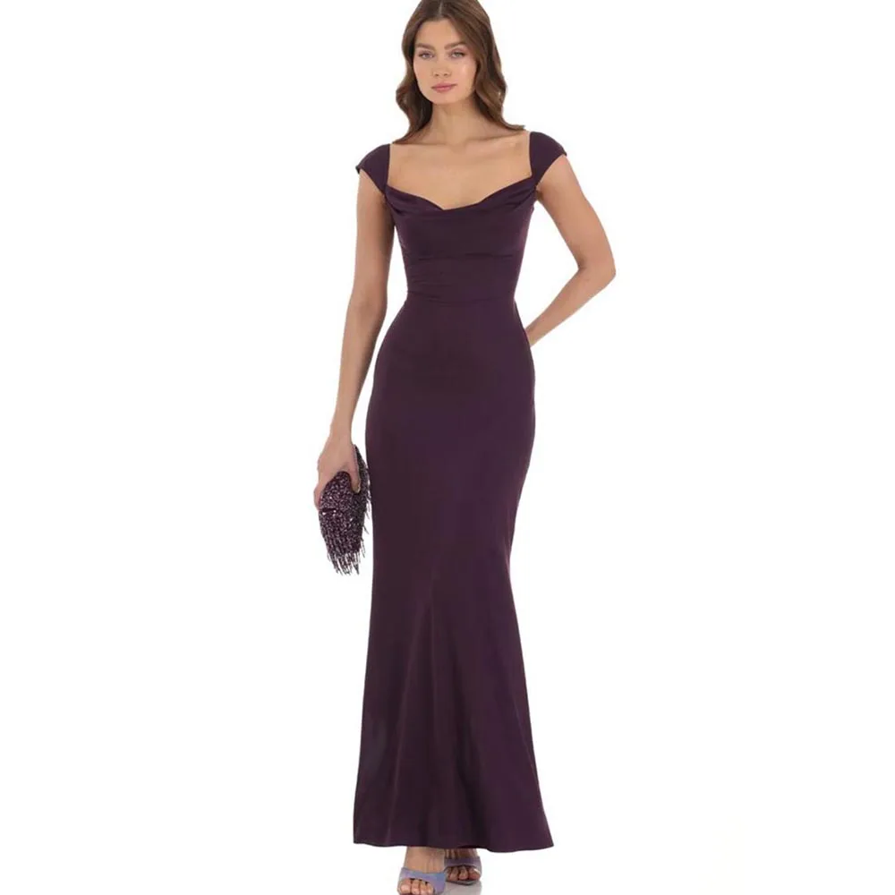 Elegant Purple Women Prom Dresses Cap Sleeves Strapless Ankle Length Slim Fit Backless Sexy Simple Female Evening Party Gowns