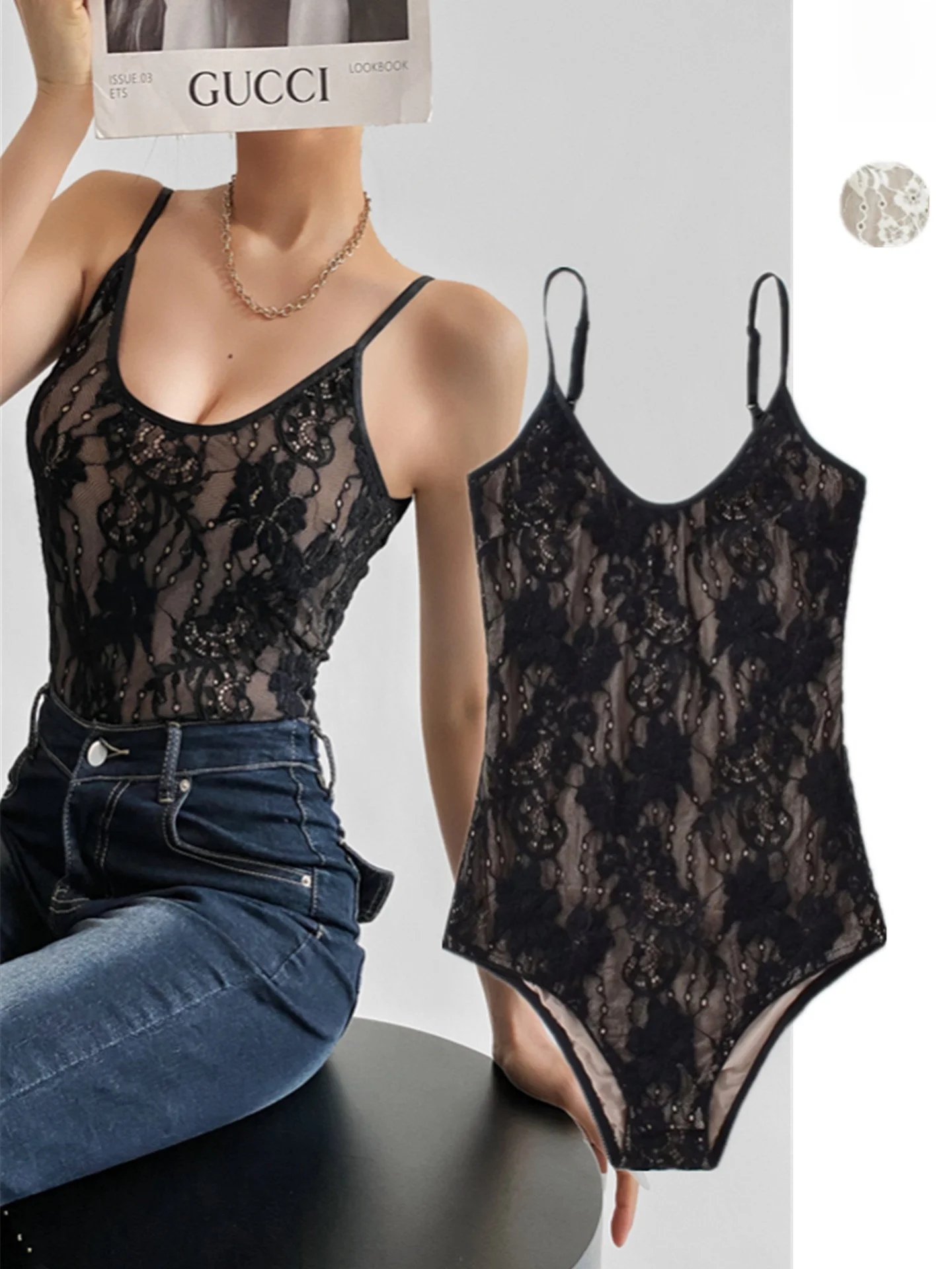 

Sexy Spicy Girl Double Layer Lace Relief Emed Strap Bodysuit Bal Slimming Pure Desire Bodysuit Street Sle High Wai...