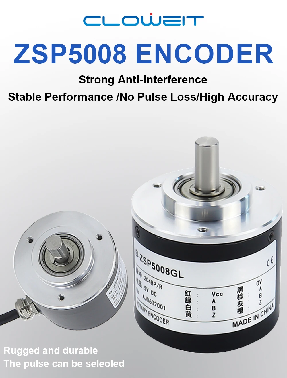 Cloweit 50mm Incremental Rotary Encoder 8mm Shaft Photoelectric Optical Switch AB 2 Phases 10-1024-3600 PPR 5-24VDC