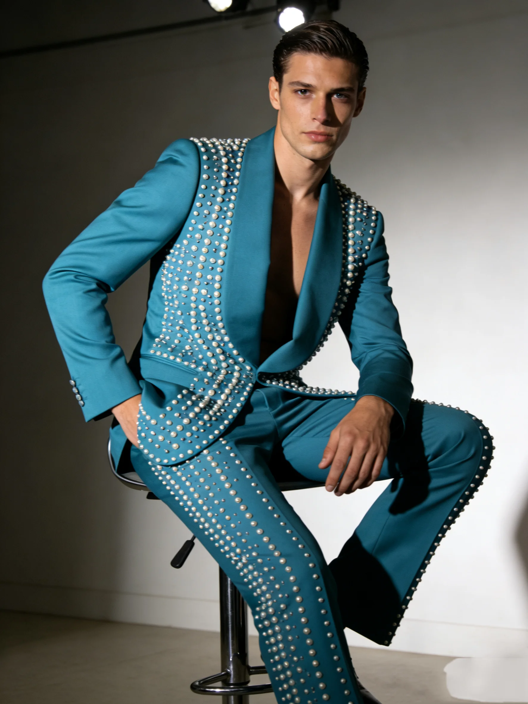 

Pearls Stone Men Suit Set 2 Piece Blazer+Pants Blue Cotton Prom Wedding Tuxedos Coat Customized Formal Office Fashion Jacket