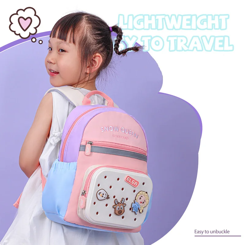 Disney Frozen Baby Girl Kindergarten Backpack Cartoon Snow Queen Children Cute DIY Badge Student Schoolbag