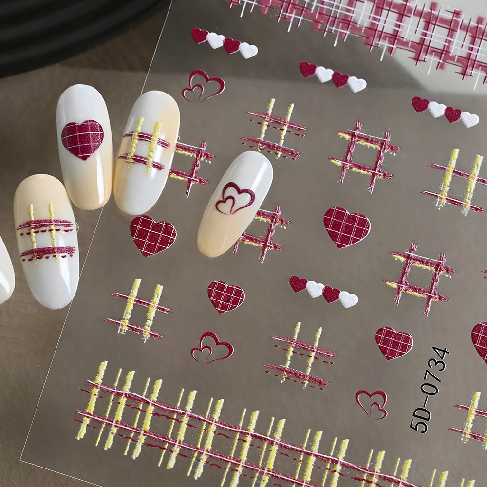 1Pcs 5D Embossed Red Heart Plaid Nail Stickers Sweet Checkered Love Self-Adhesive Nails Decals Y2K Korean Style Manicure Sticker