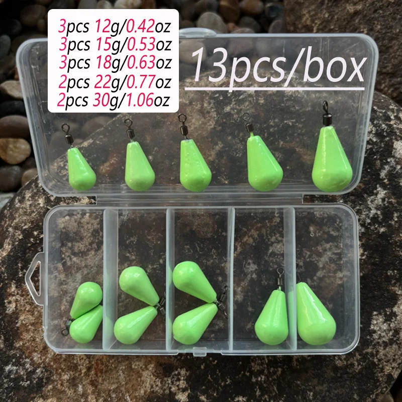 13 Stück/Box Leuchtende Tropfenbleie mit Wirbel 12~30g Schnell sinkende Hakenbleie für Carolina Rig Leuchtend im Dunkeln – Detail 1
