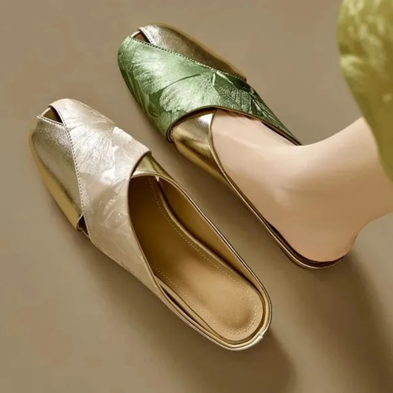 Women's Baotou Half Slippers Summer Soft Leather Printing Color Blocking Square Head Hollow Flat Slippers