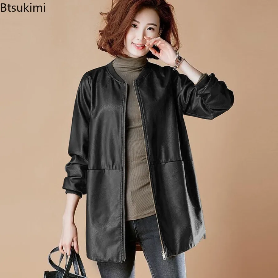 New Fashion Mid-Long Leather Jackets Women's Loose Baseball Uniform Elegant PU Leather Jackets Autumn Winter Windbreaker Coats 5