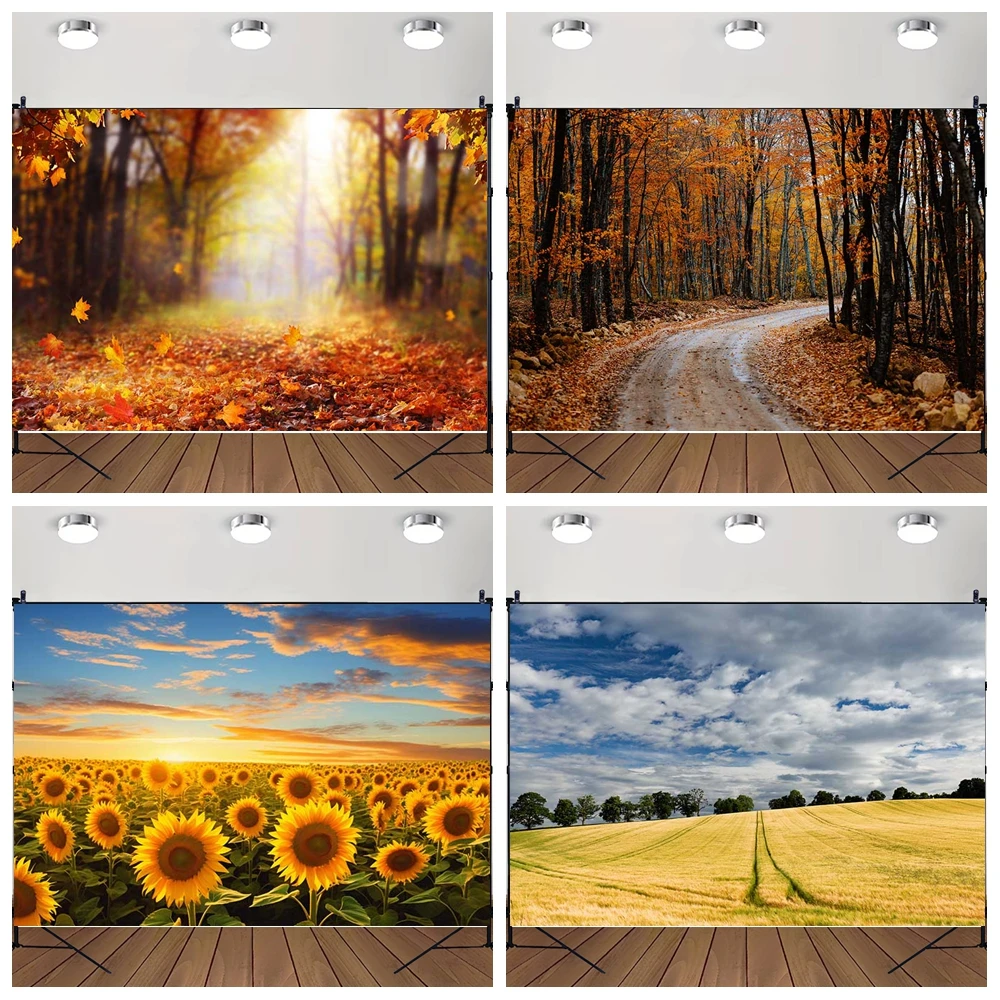 

MOON.QG Autumn 2025 Background Maple Sunflowers Fields Hay Backdrop Photography Party Decorations Photo Booth Studio Photocall