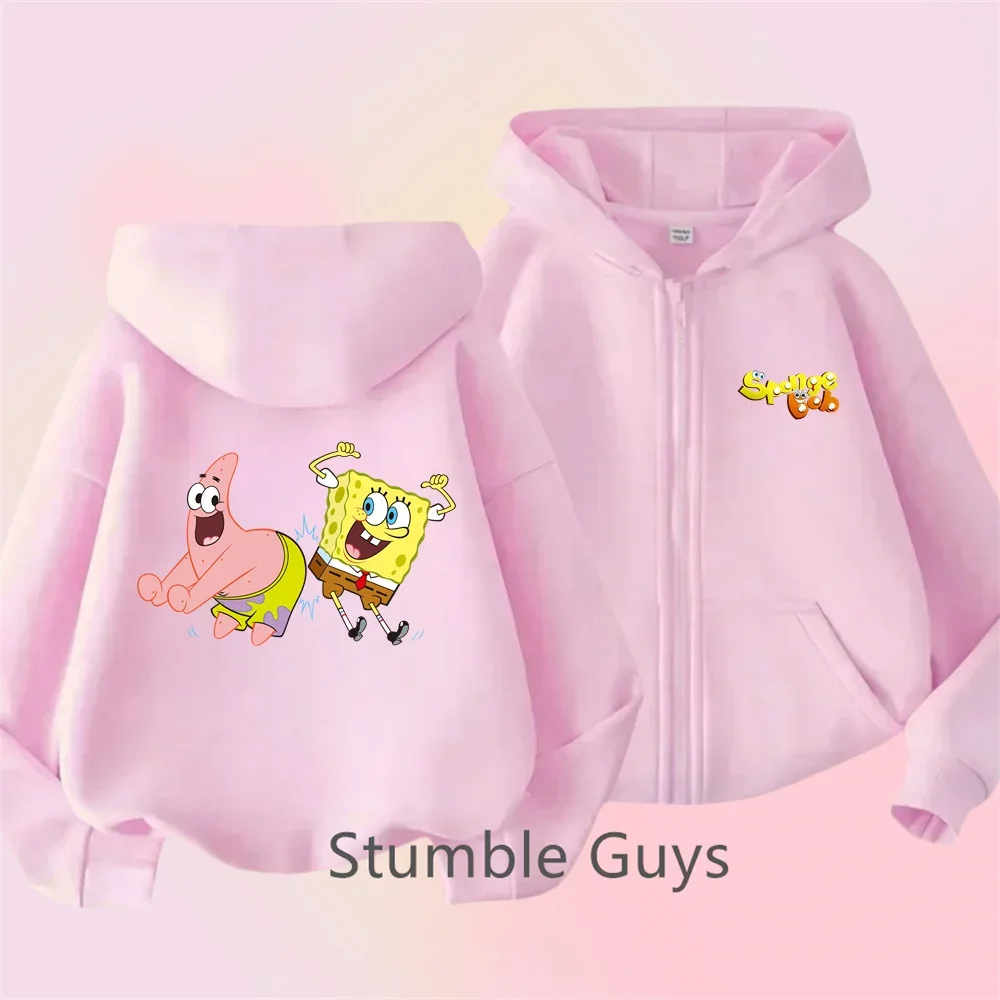 

New Kawaii Cartoon SpongeBob Zip-up Hoodie for Kids Girls Clothing Baby Coat for Boys Sports Casual Top