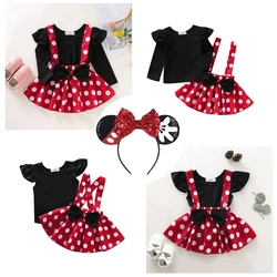 Mickey Suit For Baby Girls Spring and Summer Solid Color Flying Sleeve Top and Polka Dot Suspender Skirt Casual Clothing