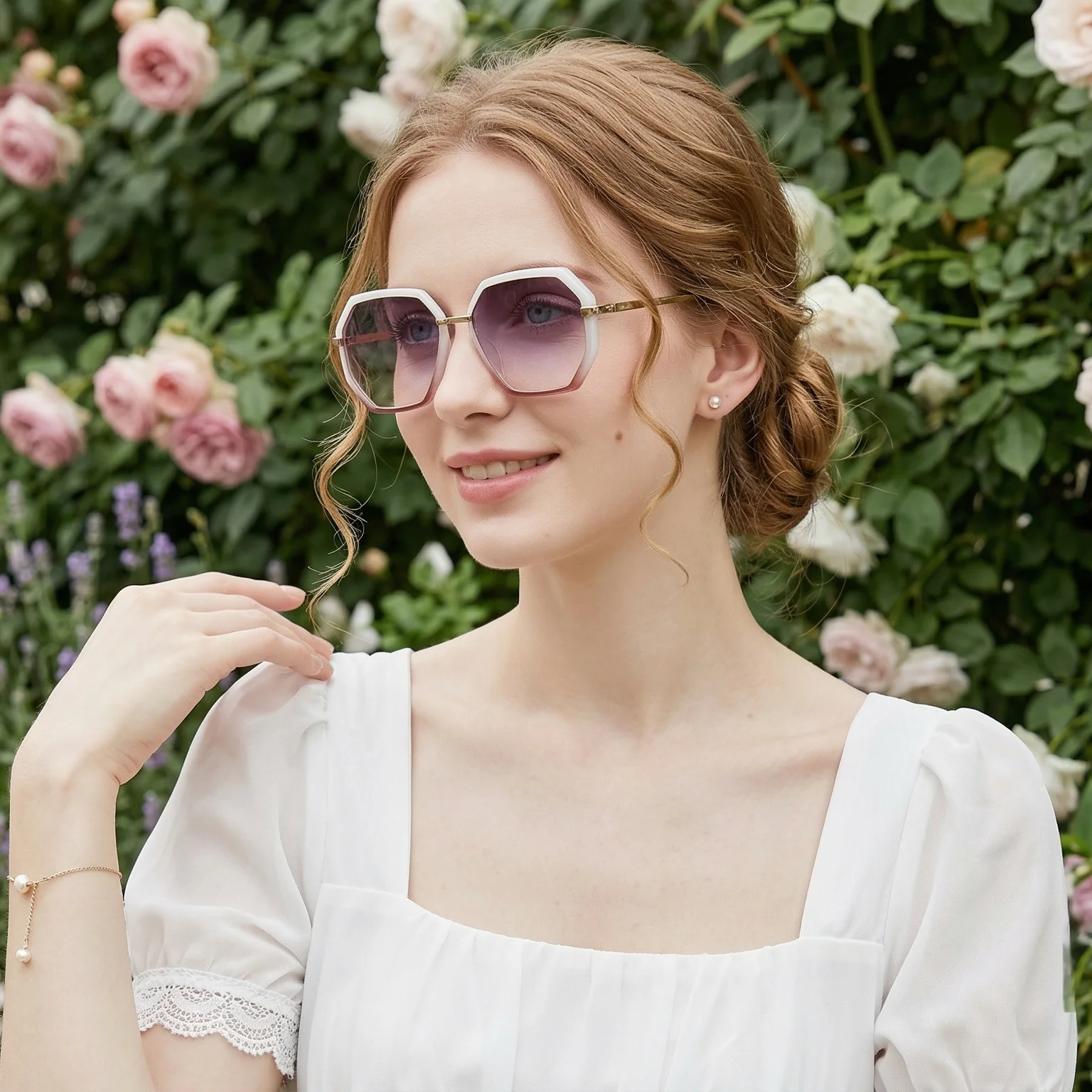 Modische übergroße geometrische Sonnenbrille für Damen, Sonnenbrille mit großem Gesicht und Metallrahmen, HD UV400, Reise-Fahrbrille mit Farbverlauf