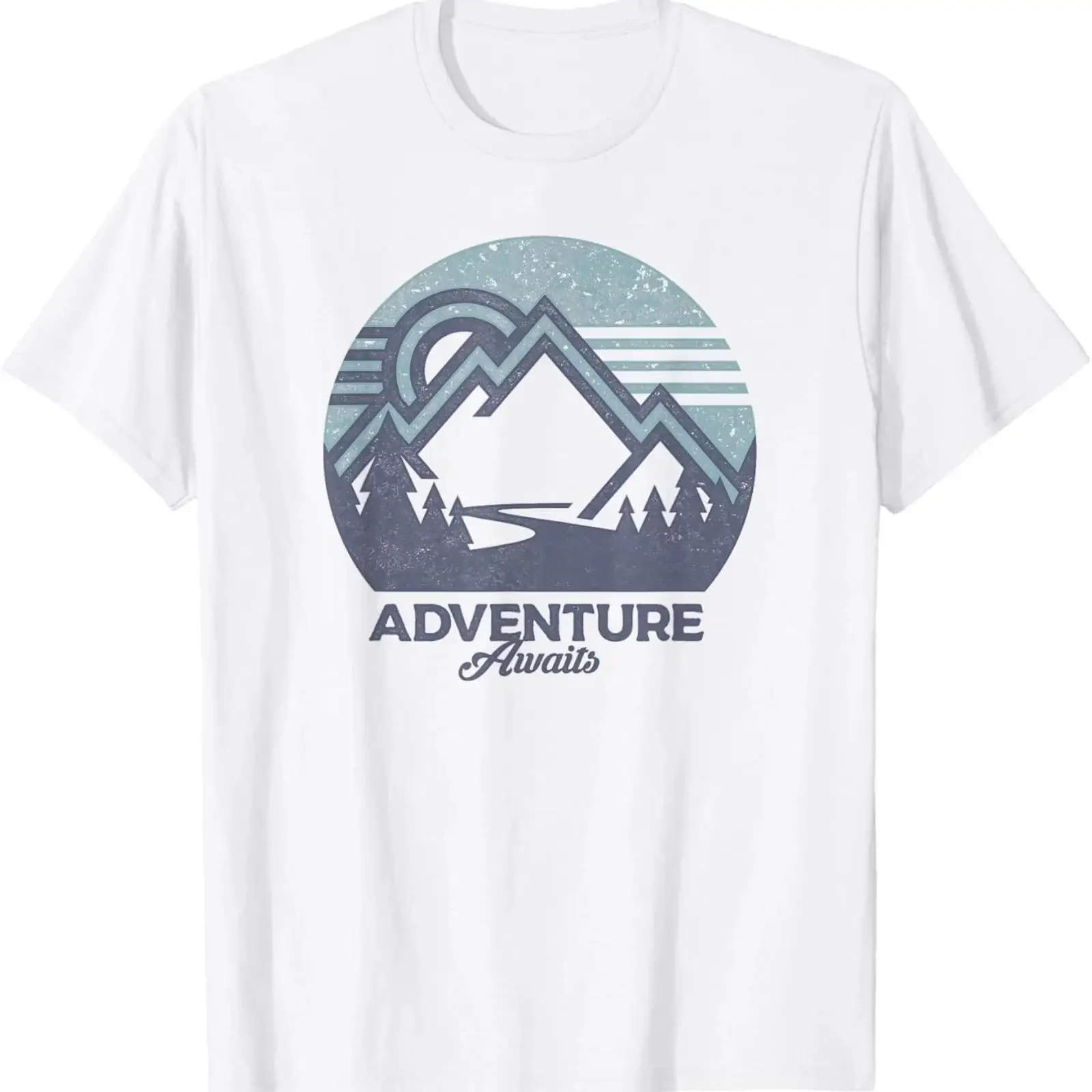 Camiseta Adventure Awaits con Gráfico Azul de Círculo de Montaña, Estilo Vintage Lavado, para Hombre, Gráfico Elástico, Ligeramente Elegante y Versátil