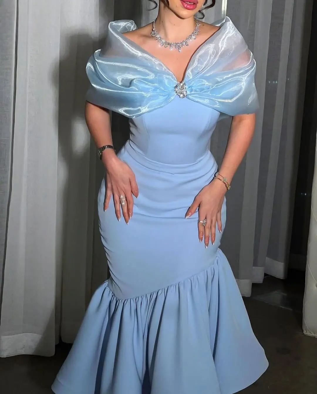 

STYLISH LADY Elegant OL Ruffle Dress 2025 Autumn Women Short Sleeve V Neck Diamonds Mesh Bodycon Blue Party Midi Vestidos