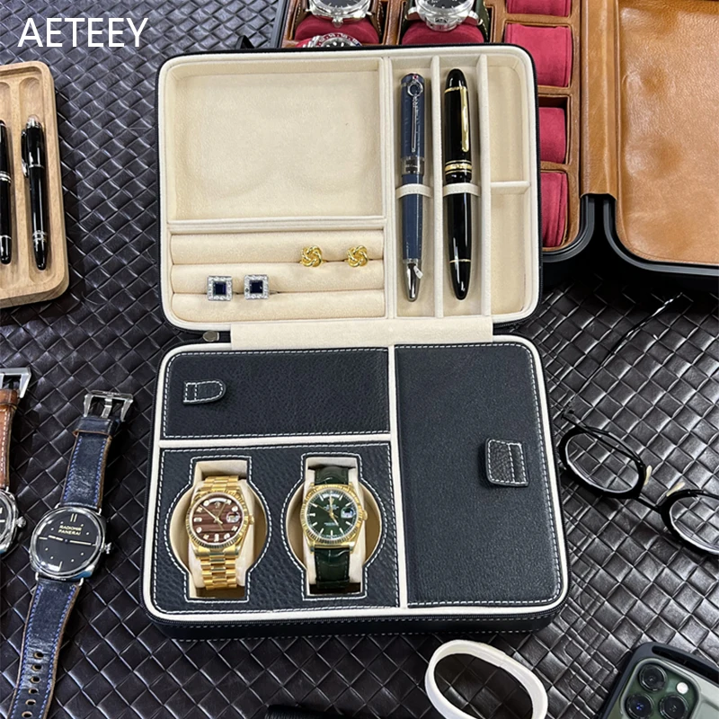 

Calf Genuine Leather Jewelry Bag Portable Jewelry Case Box Watch Box Necklace Ring Cuff Pen Glasses Organizer Customizable Logo