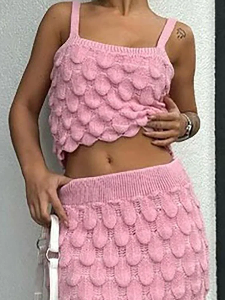 

Elegant Sleeveless Sling & Half Skirt 2Pc Suit Women Sexy Off Shoulder Hollow Solid Long Skirt Set Fashion Jacquard Slim Outfits