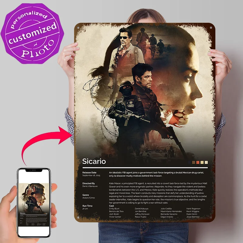 Sicario Movie Personalized 3D Textured Metal Poster Wall Art Tinplate Sign for Decoration Bedroom Accessories Home Decor Room