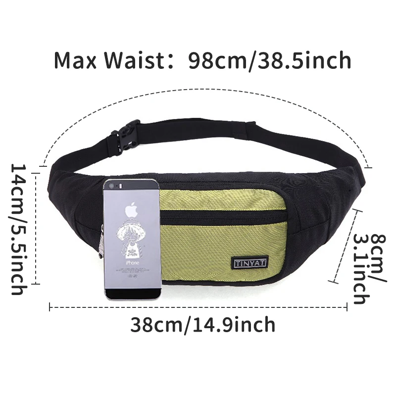 TINYAT Men’s Bum Bag Premium Water Resistant Waist Pack Casual Fanny Pack Headphone Hole for Outings Travel Shopping