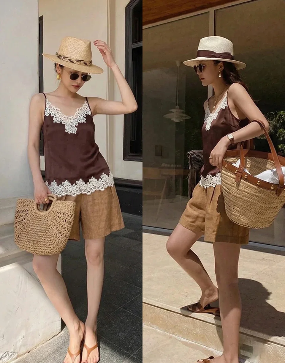 Women 100% Mulberry Silk Cami Top Sand Washed Satin V Neck Hollow Lace Trim Adjustable Spaghetti Straps Vintage Coffee Camisole