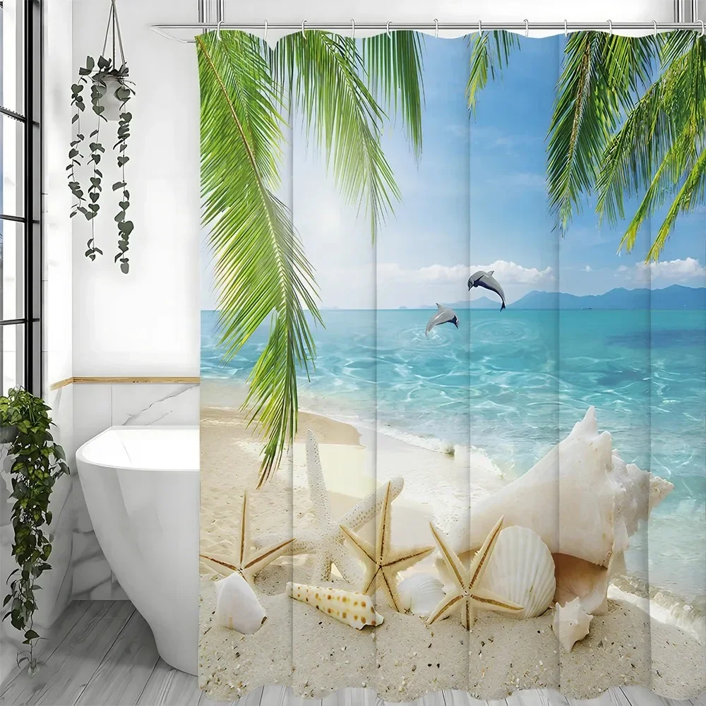 

Занавеска для душа в виде ракушки морской звезды, океанский пляжный остров, пальма, дельфин, морская звезда, декоративная занавеска для душа в ванной комнате, водонепроницаемая