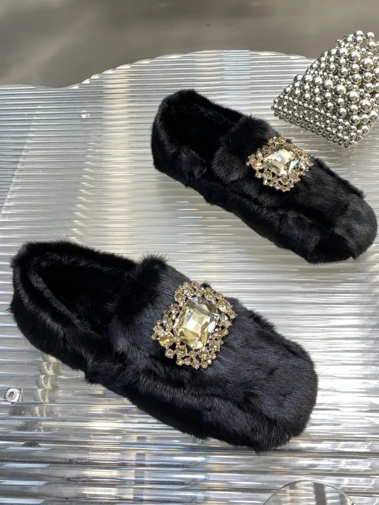 Vintage Women Mink Fur Slip On Moccasin Comfortable Loafers Fashion Shiny Diamonds Flats Warm Winter Fleece Lining Warm Shoes