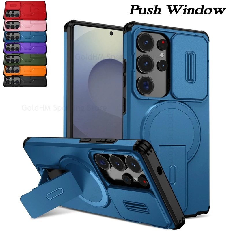 

Heavy Duty Armor Shockproof Kickstand Case For Samsung S25FE S25 S24 Ultra Slide Lens Magnetic Cover For Galaxy A17 A56 A36 A26