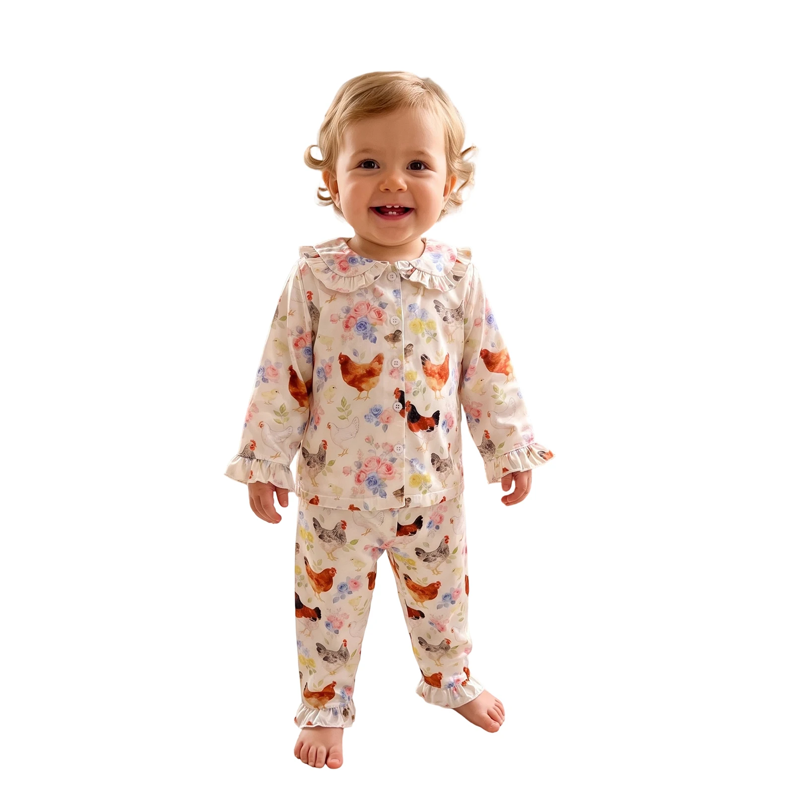 Girls Pajamas Set Hen Duck Print Doll Collar Long Sleeve Tops and Pants