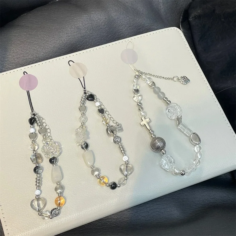 Korean Cute Flower Heart Bow Beaded Phone Chain Charm Lanyard For iPhone Xiaomi Samsung Universal Accessories Jewelry Pendant