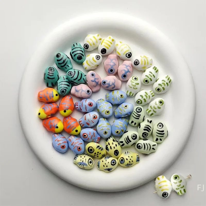 

[YU]1Pc Painted Cute Small Fish Beads Charms Ceramic Spacer Loose Beads For Jewelry Making DIY Bracelet Accessories