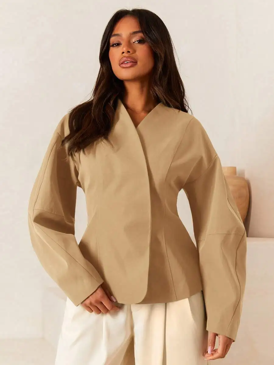 

Women's Beige Solid Drop Shoulder Long Sleeve Casual Jacket