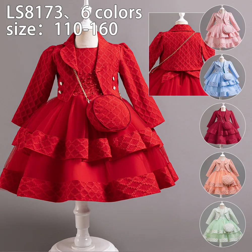

European American Girls' Casual Princes Dresses, Baby Puffy Yarn Princess Skirt, Three-piece Set Spring and Autumn Jacket, Dress