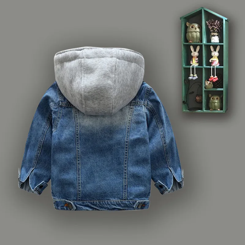 Autumn and winter long sleeved solid color denim children's clothing boys' hooded zipper jacket direct sales