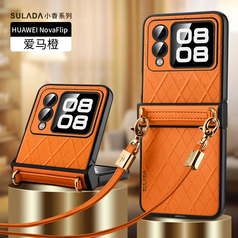

Woman's Crossbody Neck Lanyard Leather Phone Case For HUAWEI Nova Flip Slim Cover With Hinge For Novaflip
