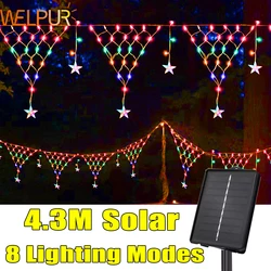 Guirnalda de luces decorativas navideñas solares, pentagrama LED, tira de hielo, cortina de luces, 8 modos, impermeable para exteriores, decoración de alero de jardín