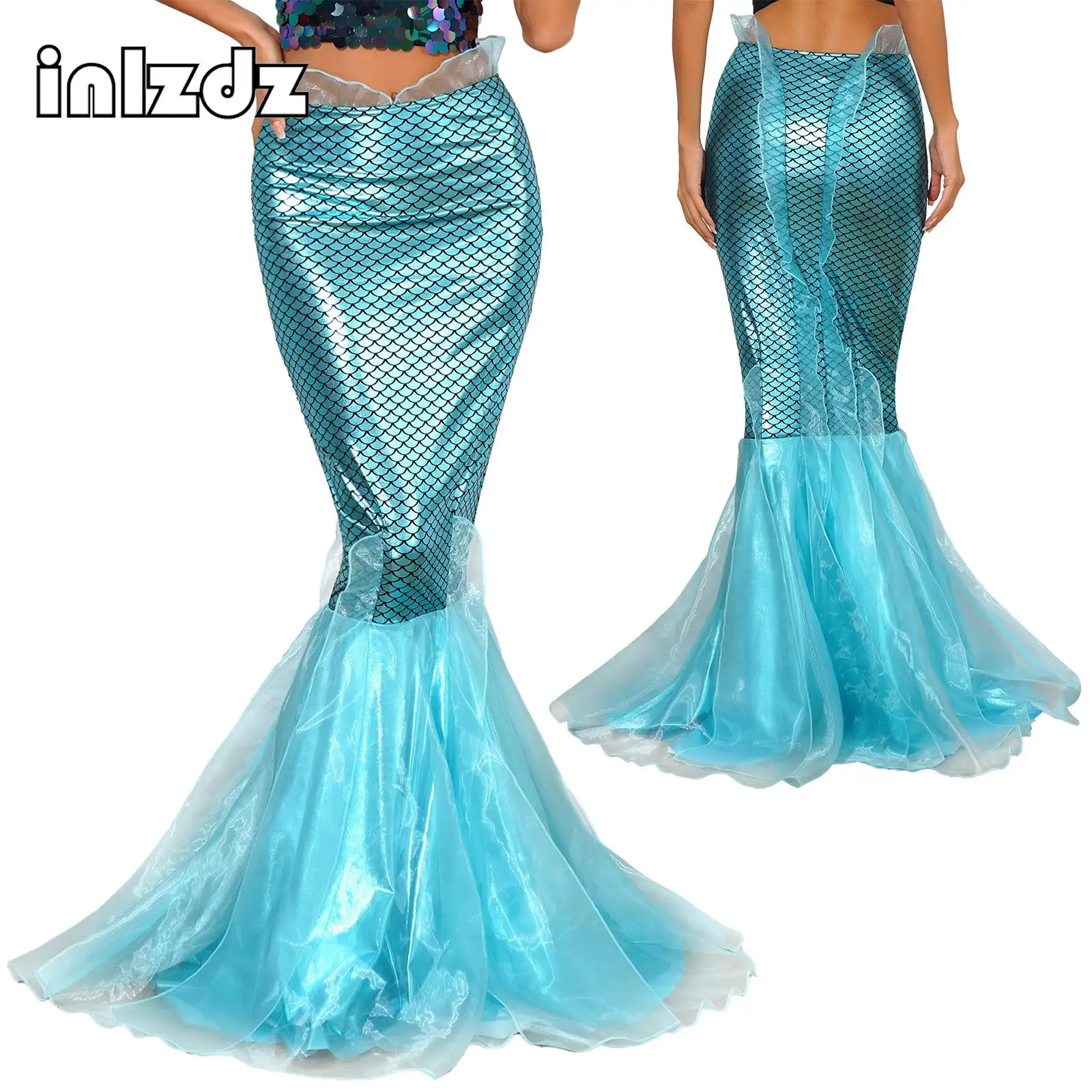 

Womens Halloween Mermaid Costumes Shiny Metallic Fishtail Long Maxi Skirts Themed Party Princess Cosplay Mermaid Tail Dress